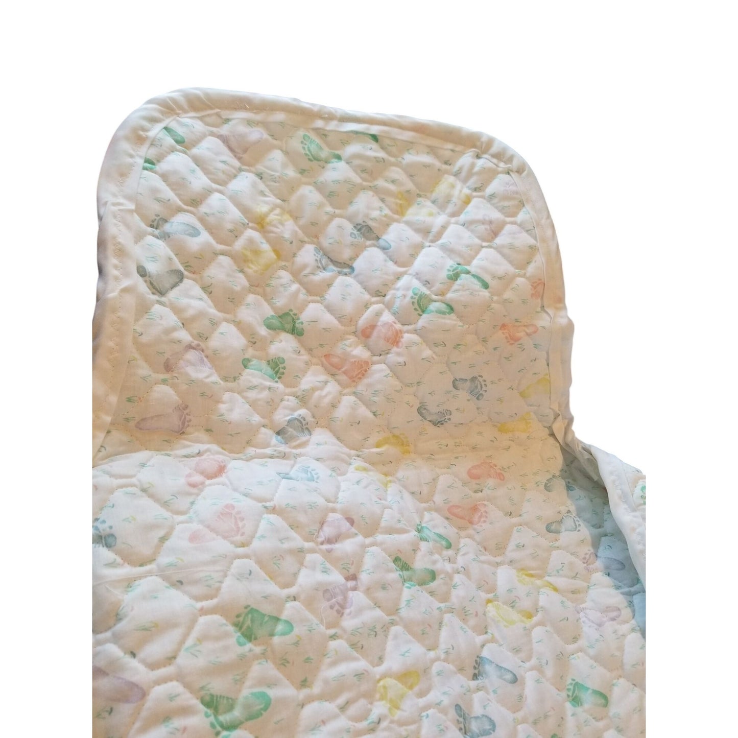 Baby Bunting Quilted Printed Baby Feet White Trim Hood Folded 2 side and a bottom flap