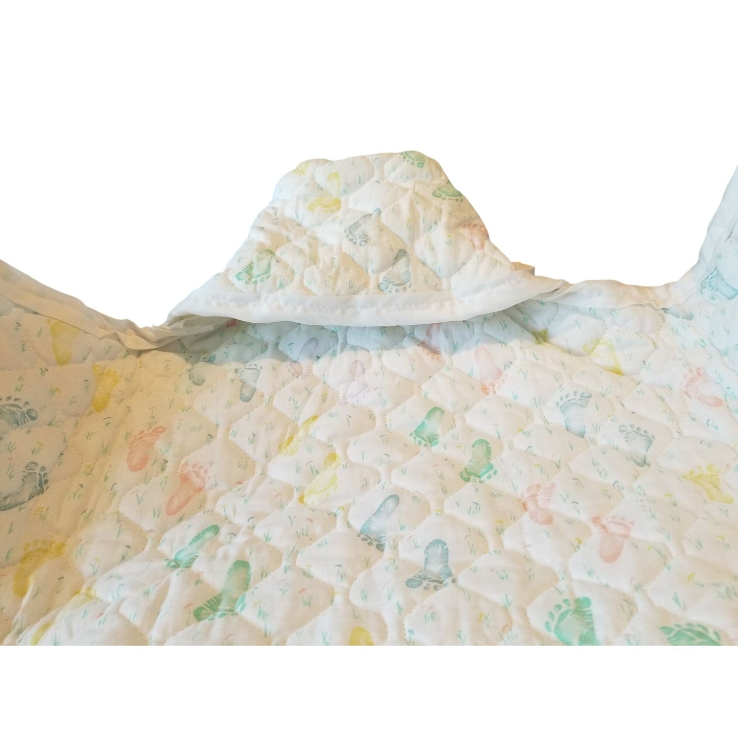 Baby Bunting Quilted Printed Baby Feet White Trim Hood Folded 2 side and a bottom flap