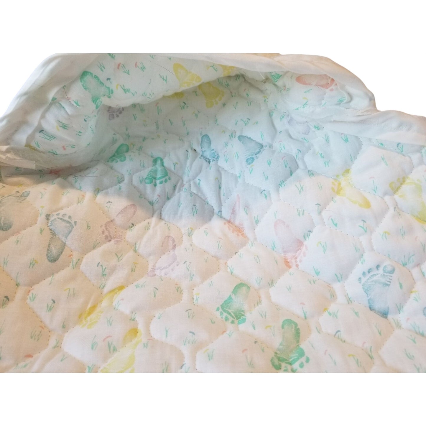 Baby Bunting Quilted Printed Baby Feet White Trim Hood Folded 2 side and a bottom flap