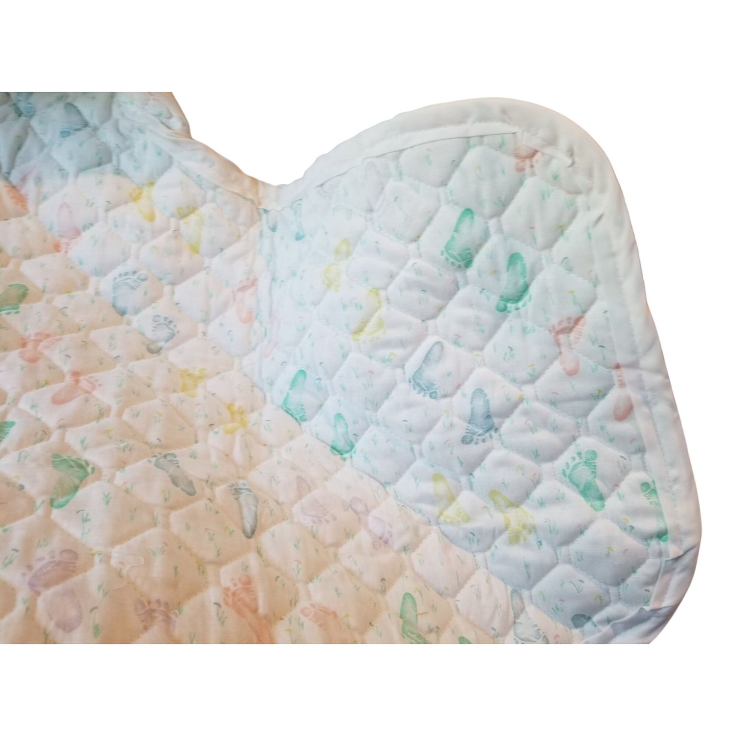 Baby Bunting Quilted Printed Baby Feet White Trim Hood Folded 2 side and a bottom flap