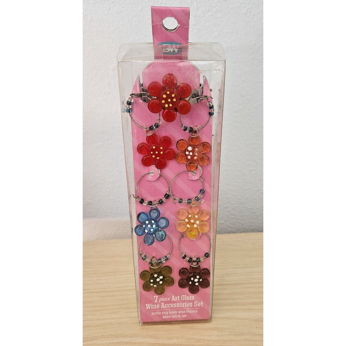 Wine Charms Boston Warehouse 7 Piece Art Glass 1 Wine Ring and 6 Beaded Wine Charms Flower