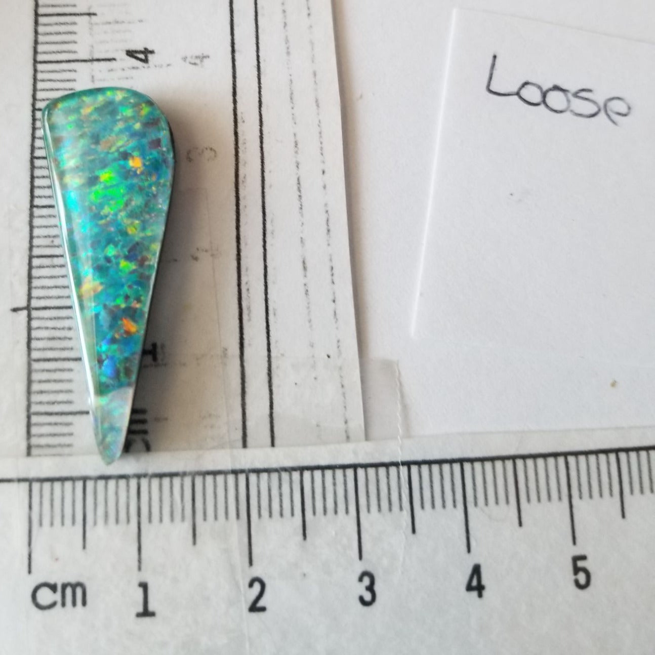 Loose Gemstone Australian Opal Black Backing Cabochon  3 1/2 cm x 1.5  cm 2.9 gr Blue Green Yellow Silver