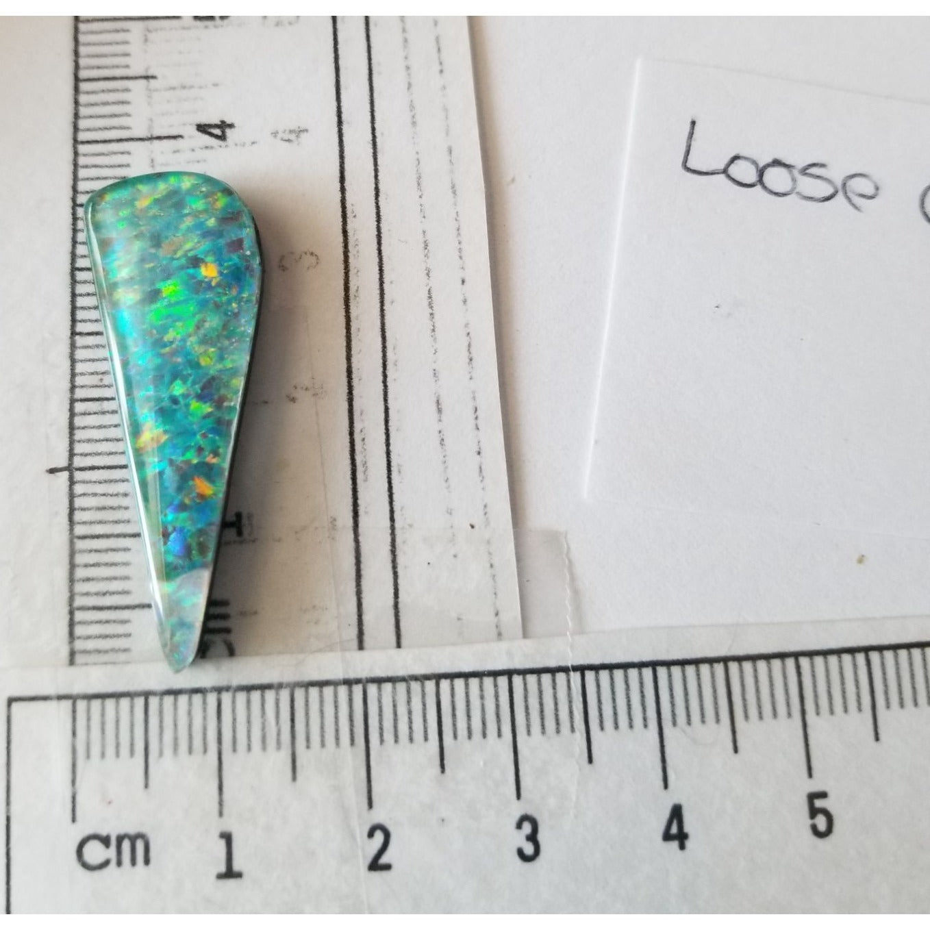 Loose Gemstone Australian Opal Black Backing Cabochon  3 1/2 cm x 1.5  cm 2.9 gr Blue Green Yellow Silver
