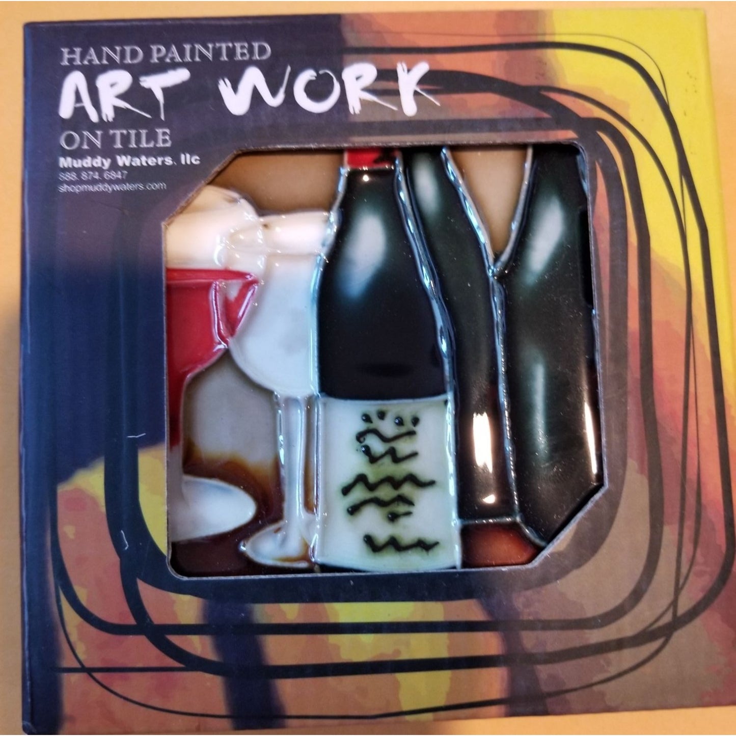 Art Tile 4" x 4"  Muddy Waters Hand Painted 7A047 ArtWork on Tile Wine 2 Two Wine Glasses Two Bottles  1/2 " Ceramic Tile and backing