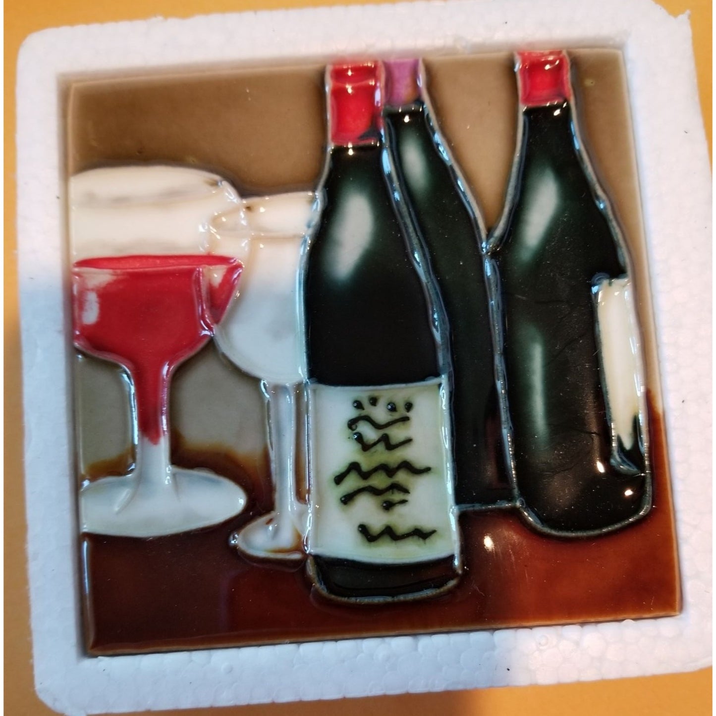 Art Tile 4" x 4"  Muddy Waters Hand Painted 7A047 ArtWork on Tile Wine 2 Two Wine Glasses Two Bottles  1/2 " Ceramic Tile and backing