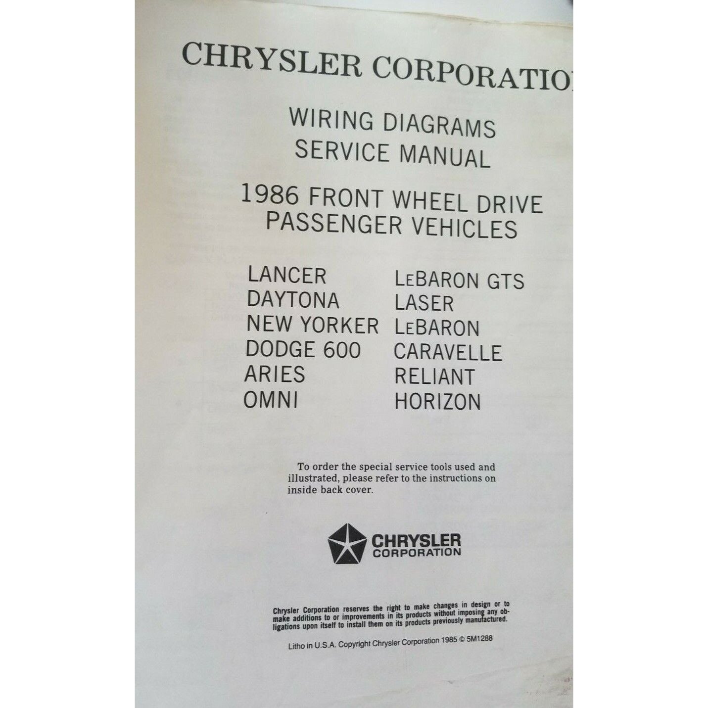 Book 1986 Chrysler Service Manual Wiring Diagrams Omni Charger Aries Reliant 600