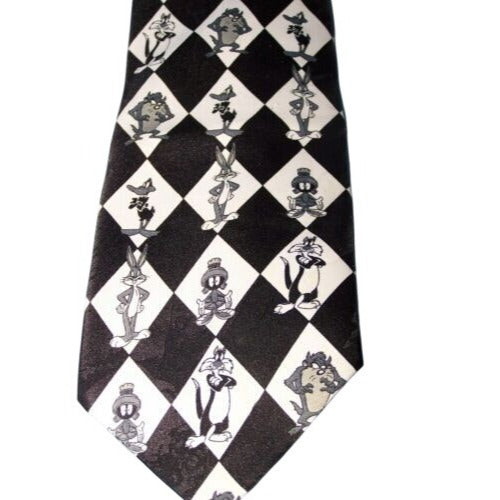 Tie Marvin Martian Tweety Bugs Daffy Neck Tie White Black  60 " Long  3 1/2"  W