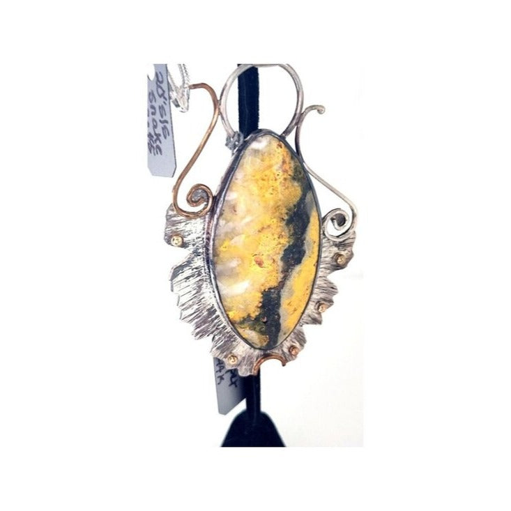Pendant Bumble Bee Jasper Necklace 26.5 Grams Frame 925 Silver 14K Gold Accents