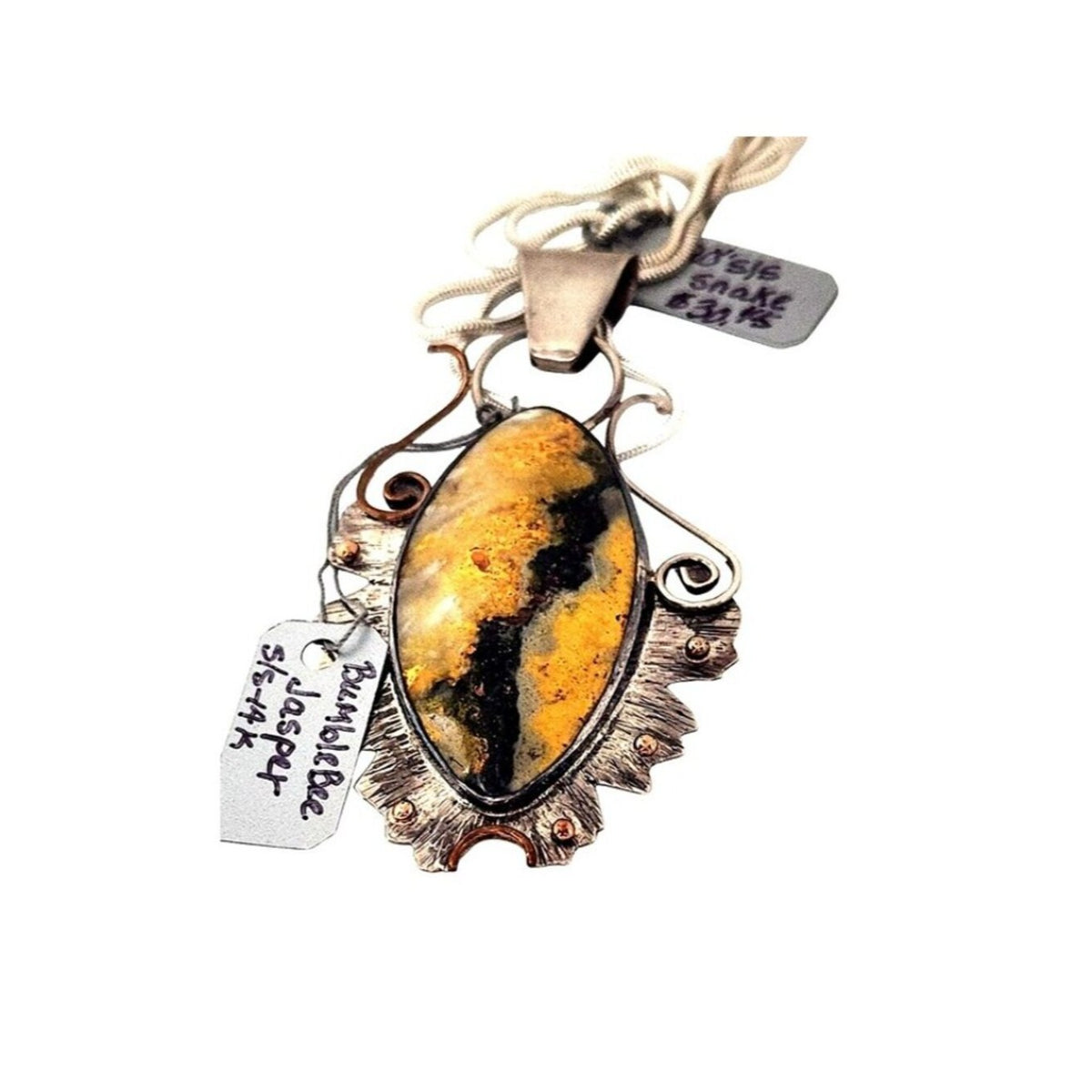 Pendant Bumble Bee Jasper Necklace 26.5 Grams Frame 925 Silver 14K Gold Accents
