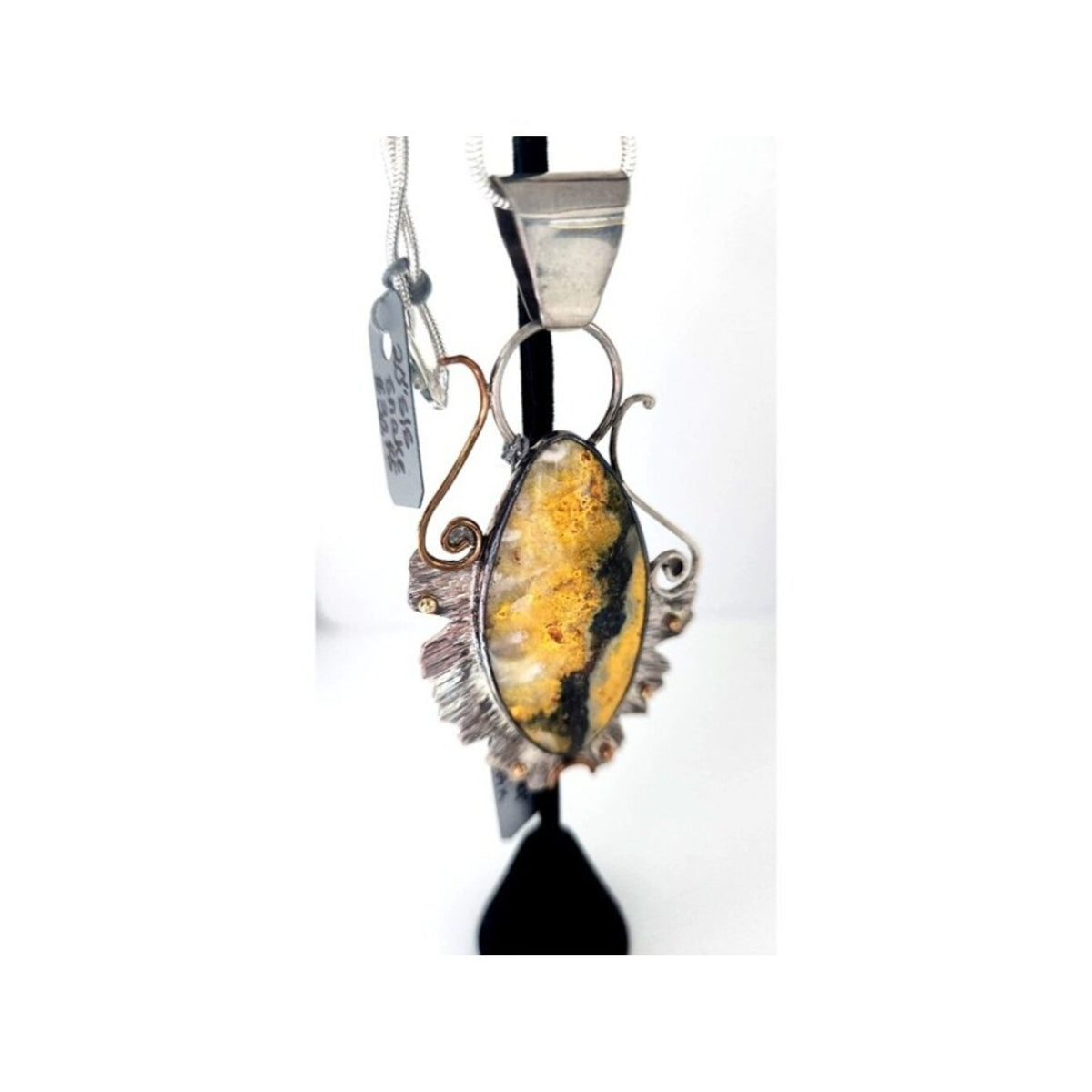 Pendant Bumble Bee Jasper Necklace 26.5 Grams Frame 925 Silver 14K Gold Accents