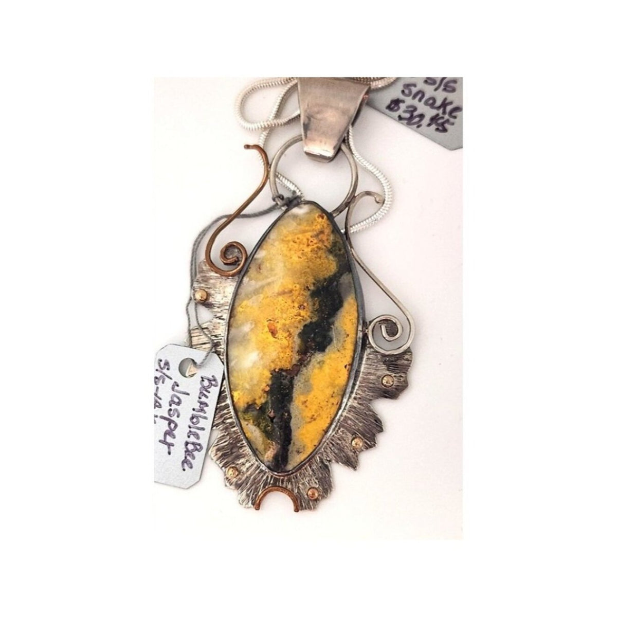 Pendant Bumble Bee Jasper Necklace 26.5 Grams Frame 925 Silver 14K Gold Accents