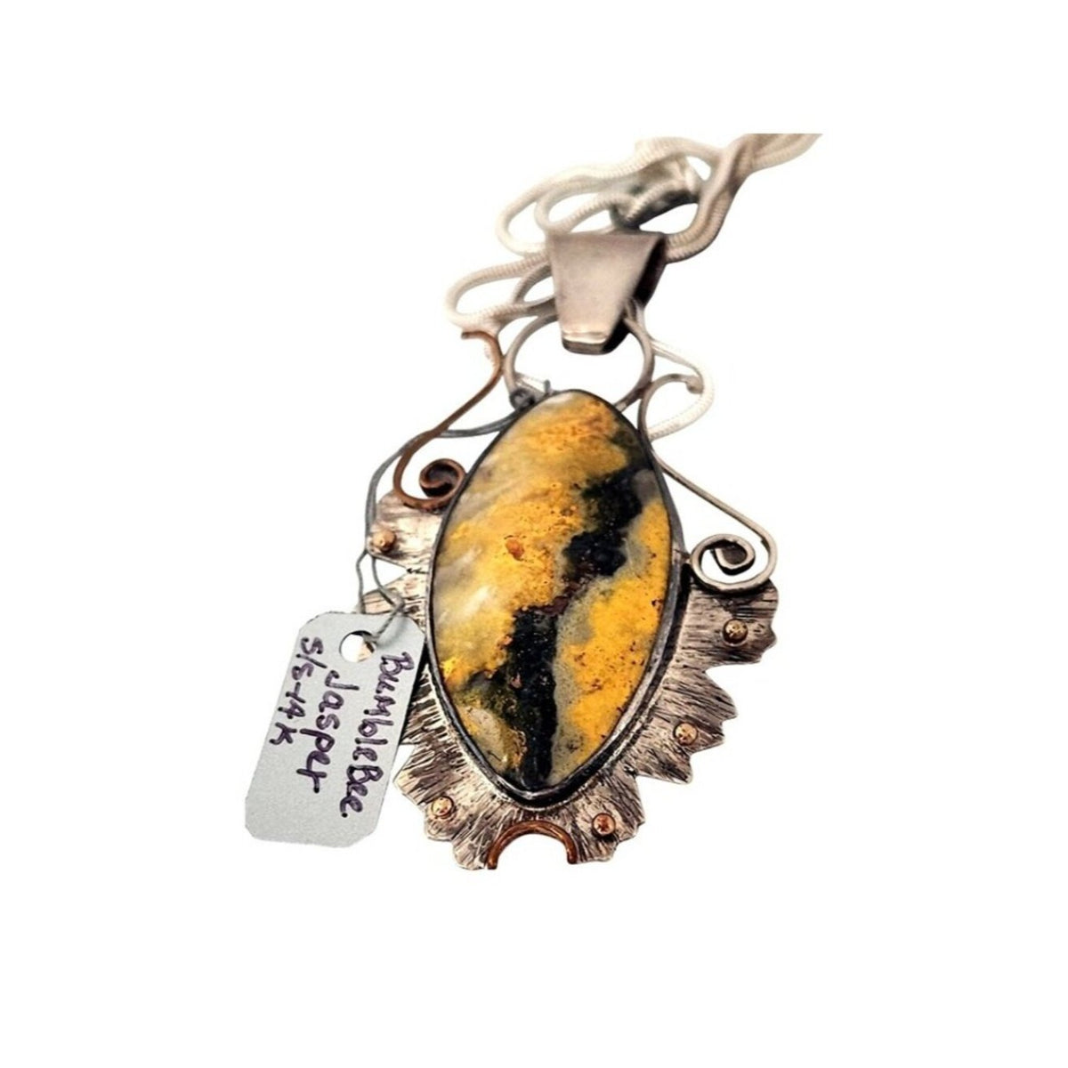 Pendant Bumble Bee Jasper Necklace 26.5 Grams Frame 925 Silver 14K Gold Accents
