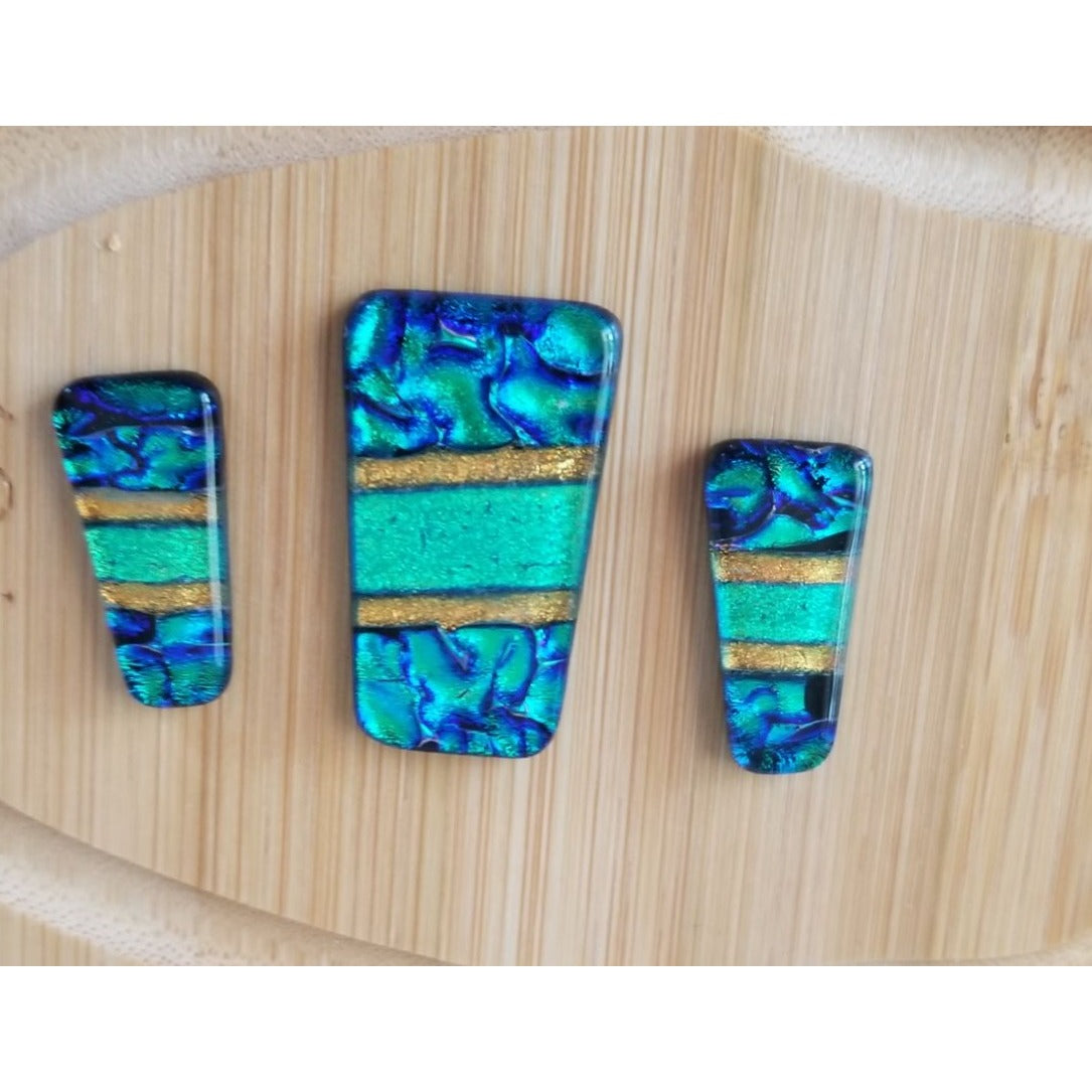 Gemstone Loose Set of 3  Dichroic glass Blue Green Gold  60 ct  12 gr 1" x 0.5"  1 1/2 x 0.75" # 3