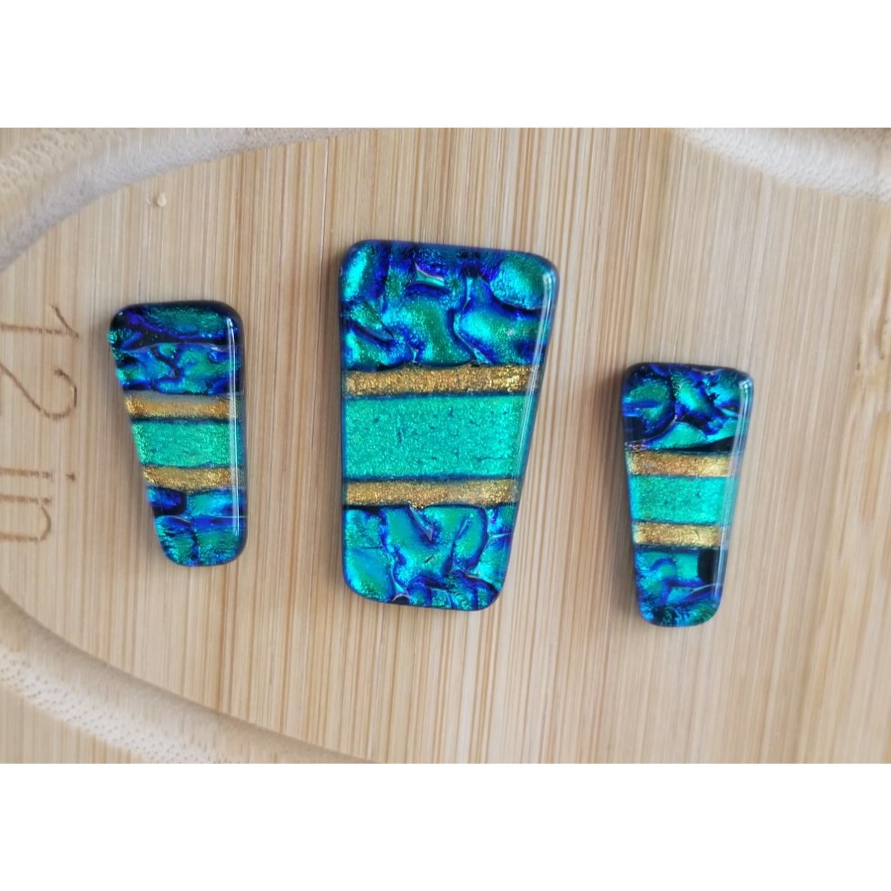 Gemstone Loose Set of 3  Dichroic glass Blue Green Gold  60 ct  12 gr 1" x 0.5"  1 1/2 x 0.75" # 3