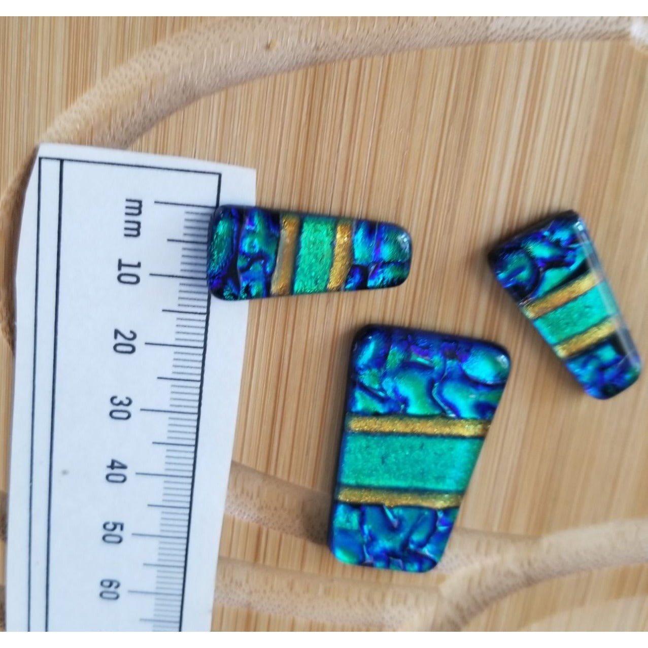 Gemstone Loose Set of 3  Dichroic glass Blue Green Gold  60 ct  12 gr 1" x 0.5"  1 1/2 x 0.75" # 3