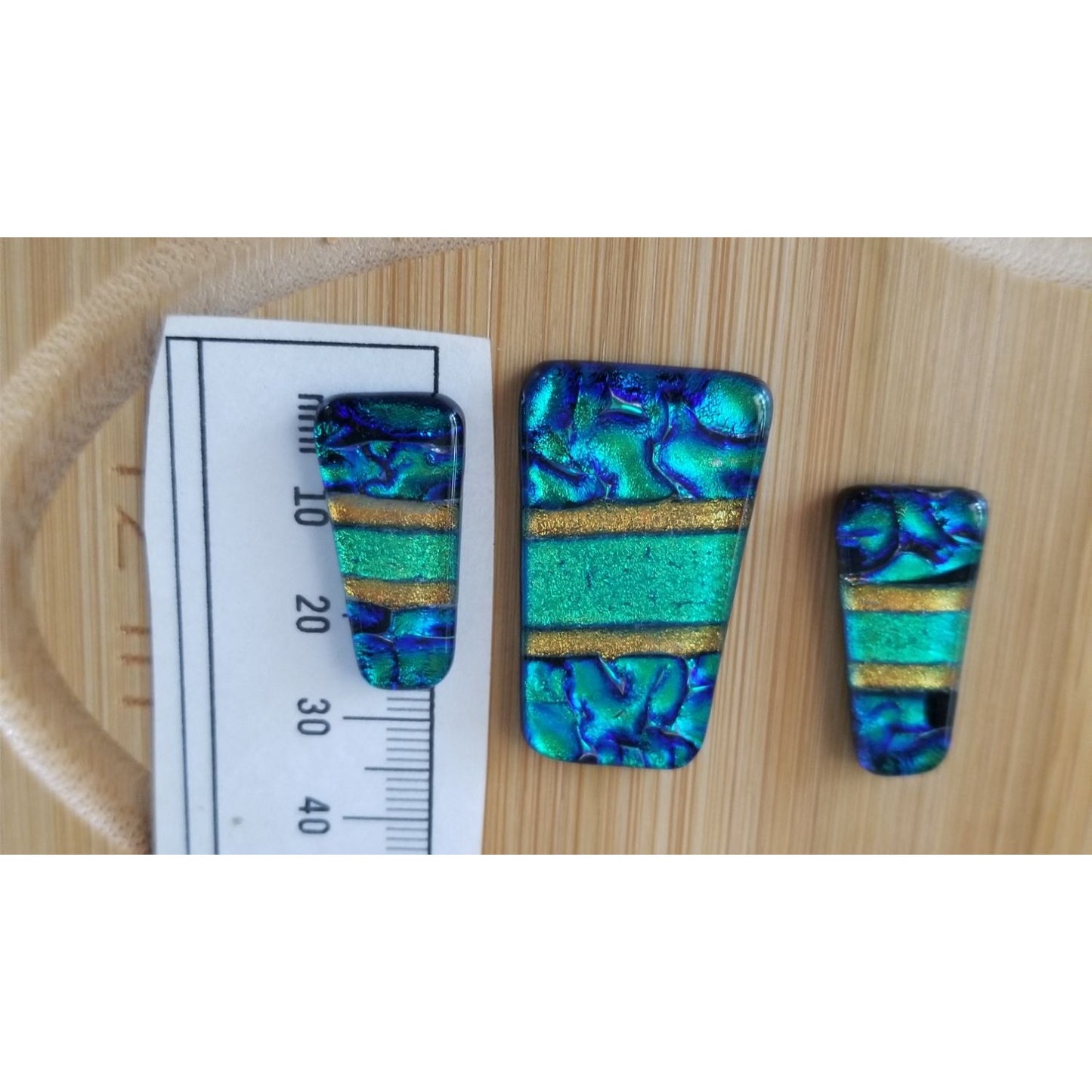 Gemstone Loose Set of 3  Dichroic glass Blue Green Gold  60 ct  12 gr 1" x 0.5"  1 1/2 x 0.75" # 3