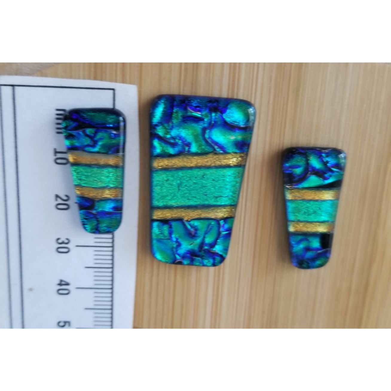 Gemstone Loose Set of 3  Dichroic glass Blue Green Gold  60 ct  12 gr 1" x 0.5"  1 1/2 x 0.75" # 3