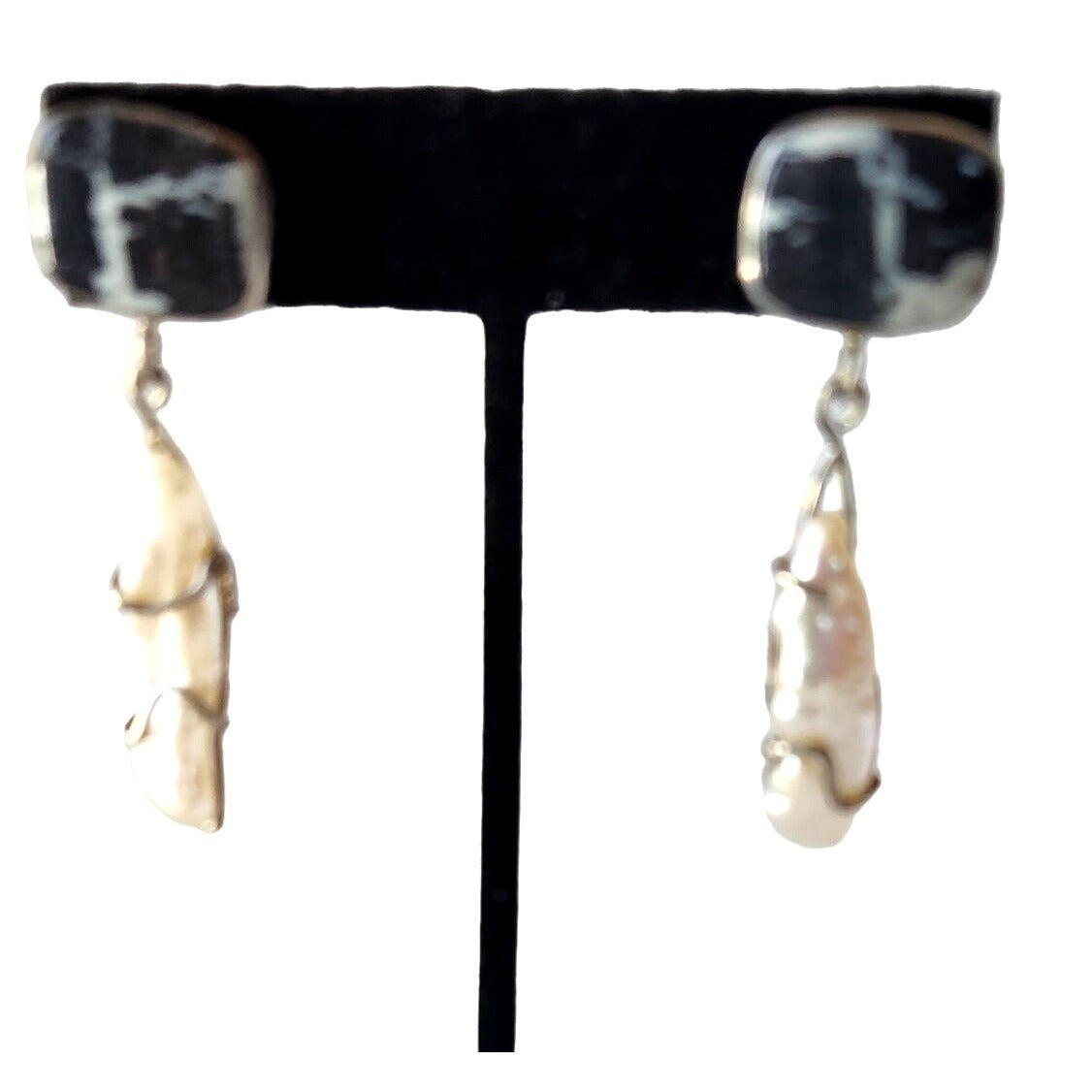 Earrings Black Coral Gold Wire wrap Brogue Pearls Earrings Post 11 gr   30mm x 10mm 925 Silver