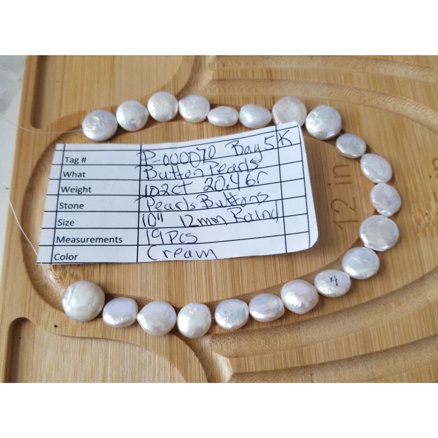 Loose Pearl White Button Bag  K 5  Round 12 mm  Bin Pearl  19 Pcs  102  ct  20.4  gr  10" Drilled