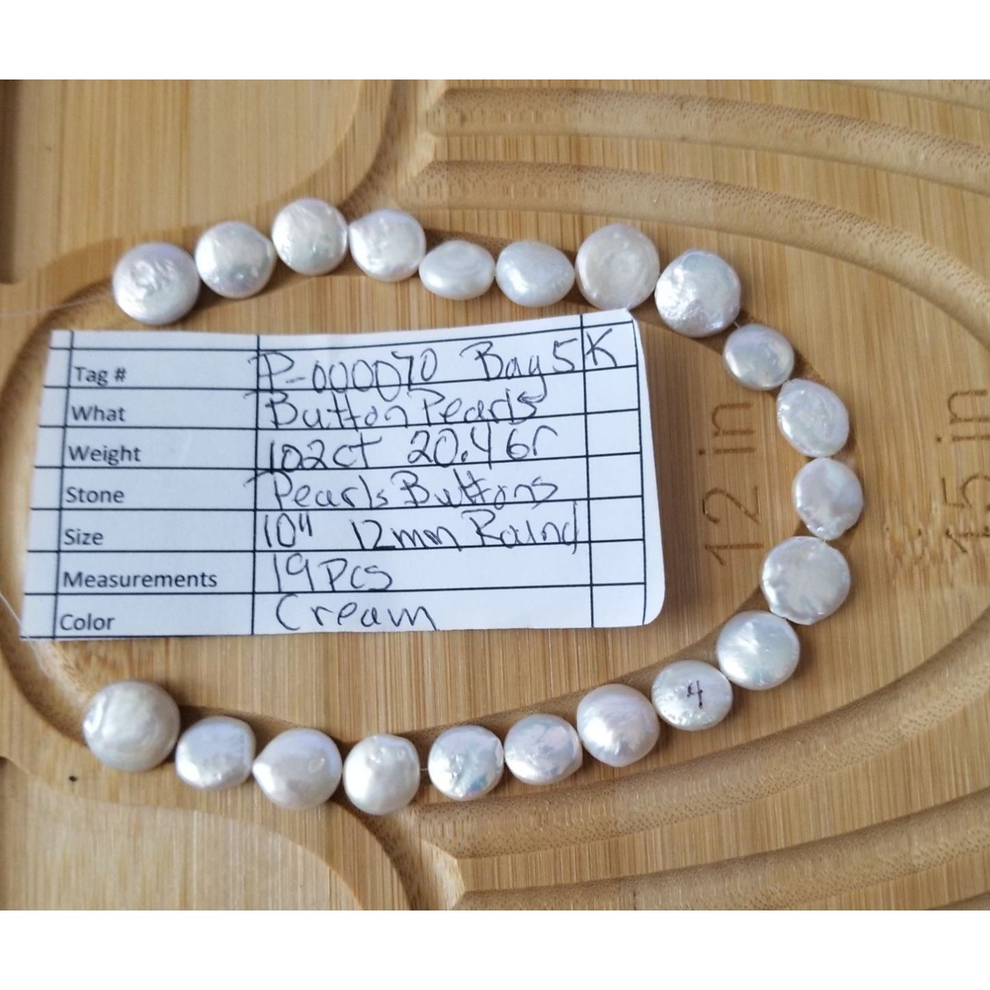 Loose Pearl White Button Bag  K 5  Round 12 mm  Bin Pearl  19 Pcs  102  ct  20.4  gr  10" Drilled
