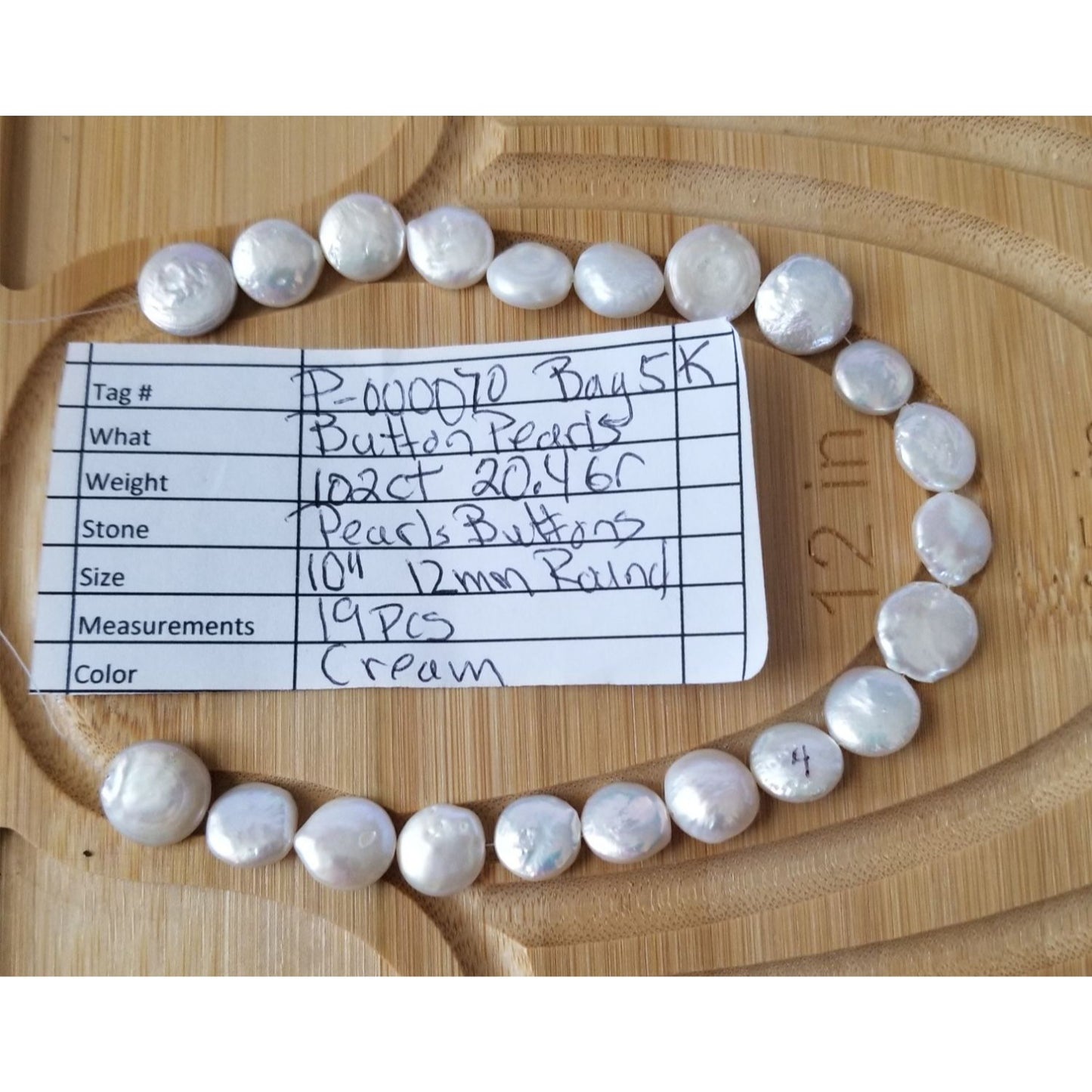 Loose Pearl White Button Bag  K 5  Round 12 mm  Bin Pearl  19 Pcs  102  ct  20.4  gr  10" Drilled