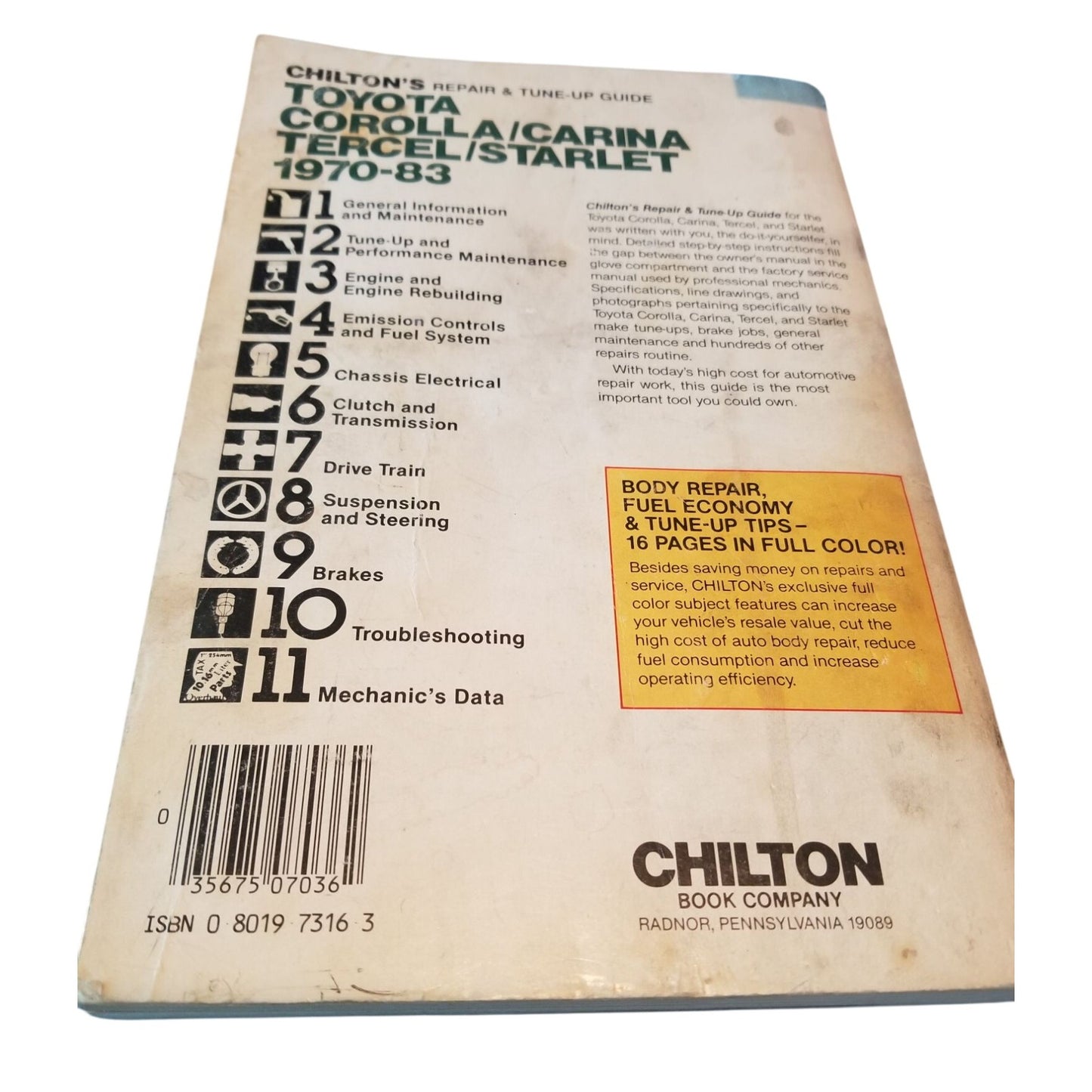 Book Chiltons Toyota Corolla Carina Tercel Starlet 1970 - 1983  # 7036  All Models