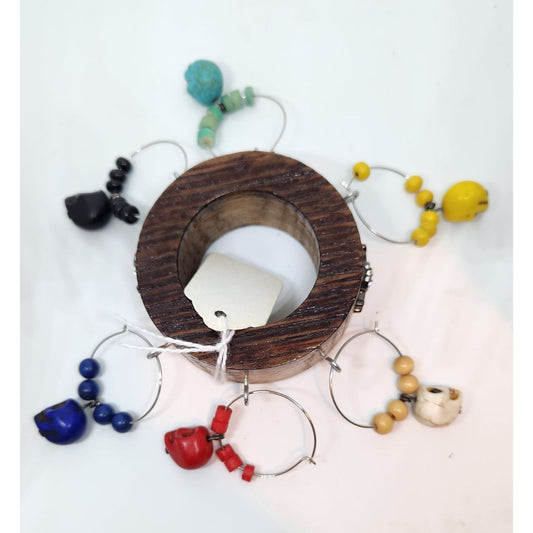 Colorful Skull Wine Glass Charms Set - 6  Themed Unique Charms With Beads & Wood Holder