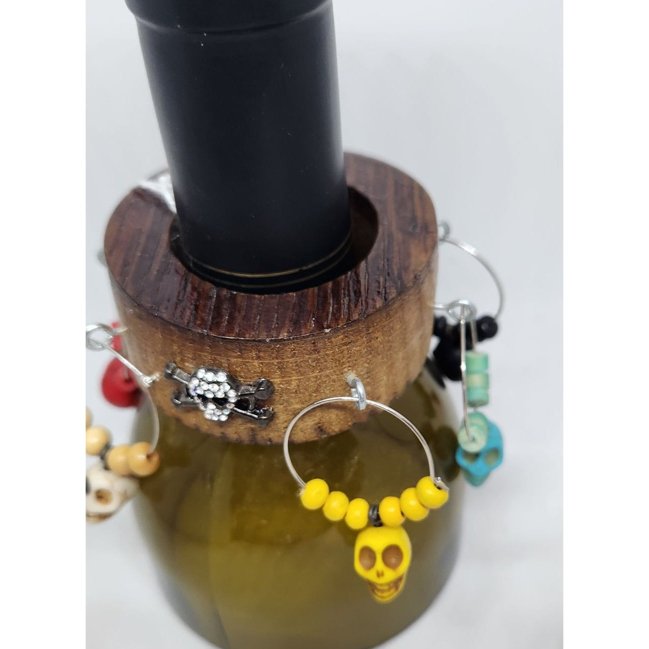 Colorful Skull Wine Glass Charms Set - 6  Themed Unique Charms With Beads & Wood Holder