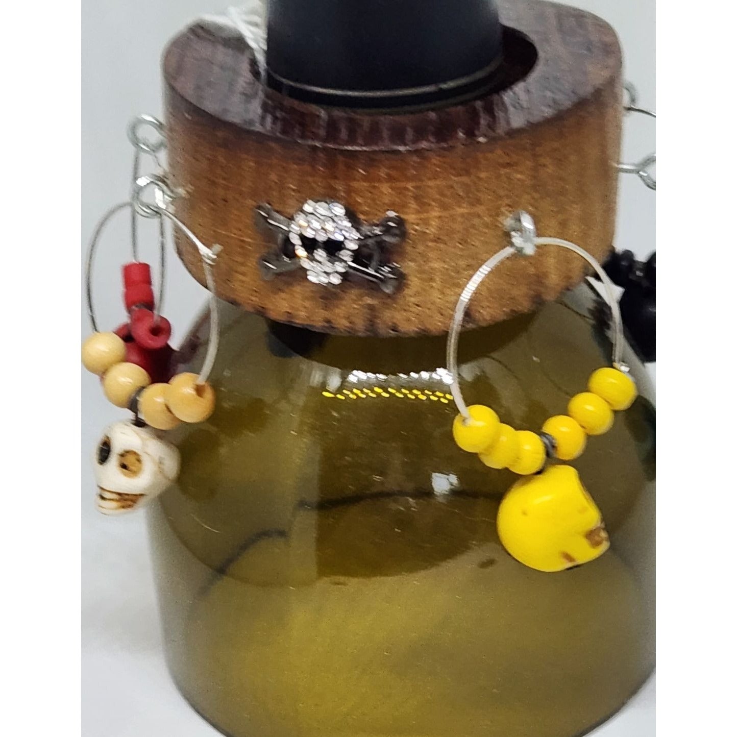 Colorful Skull Wine Glass Charms Set - 6  Themed Unique Charms With Beads & Wood Holder