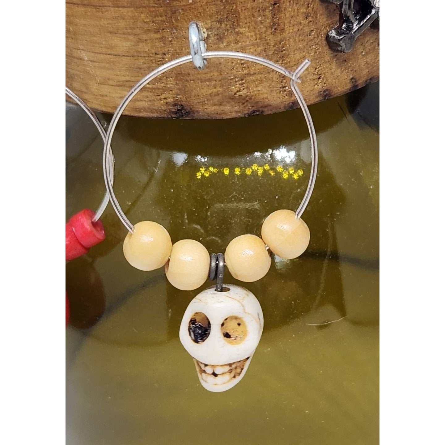 Colorful Skull Wine Glass Charms Set - 6  Themed Unique Charms With Beads & Wood Holder
