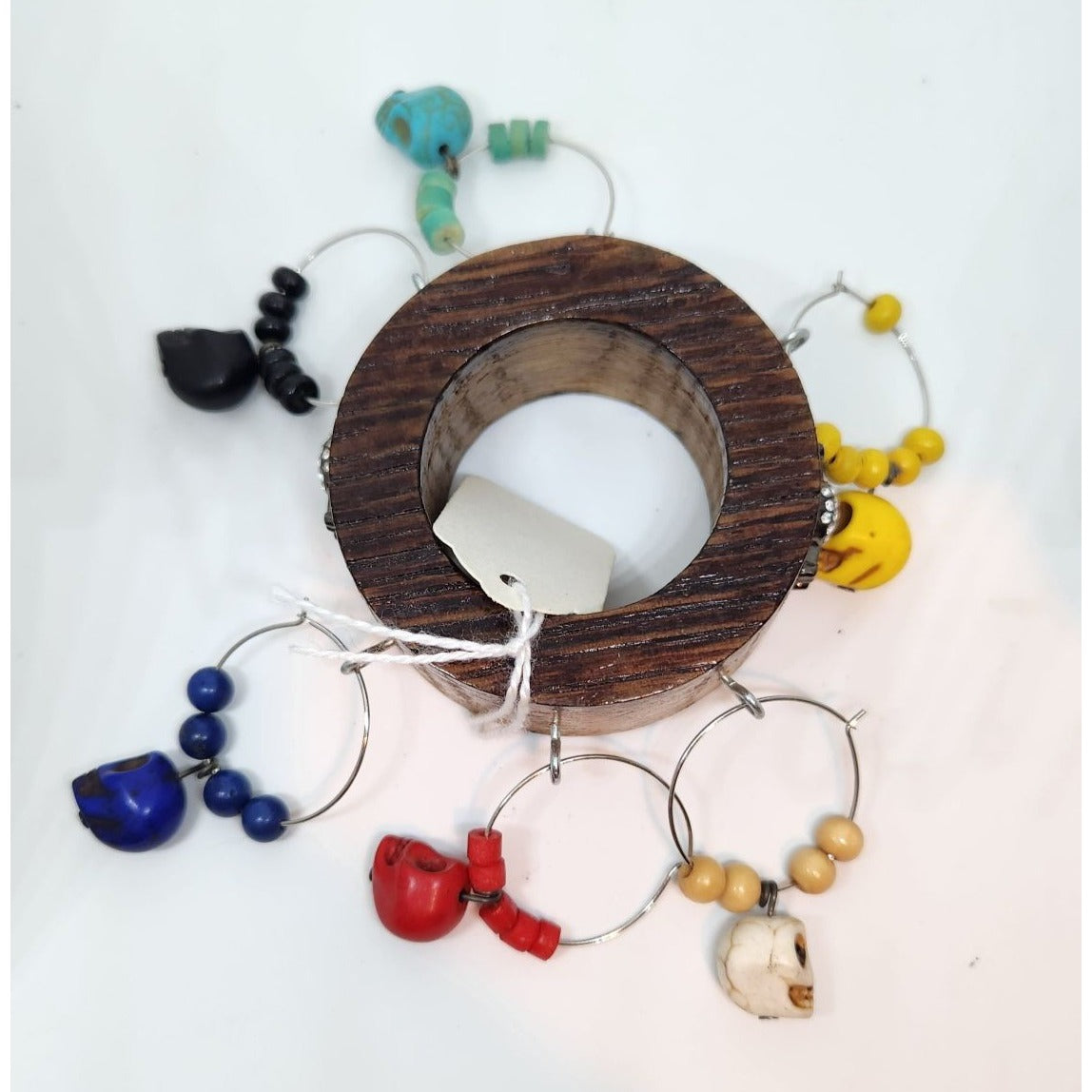 Colorful Skull Wine Glass Charms Set - 6  Themed Unique Charms With Beads & Wood Holder