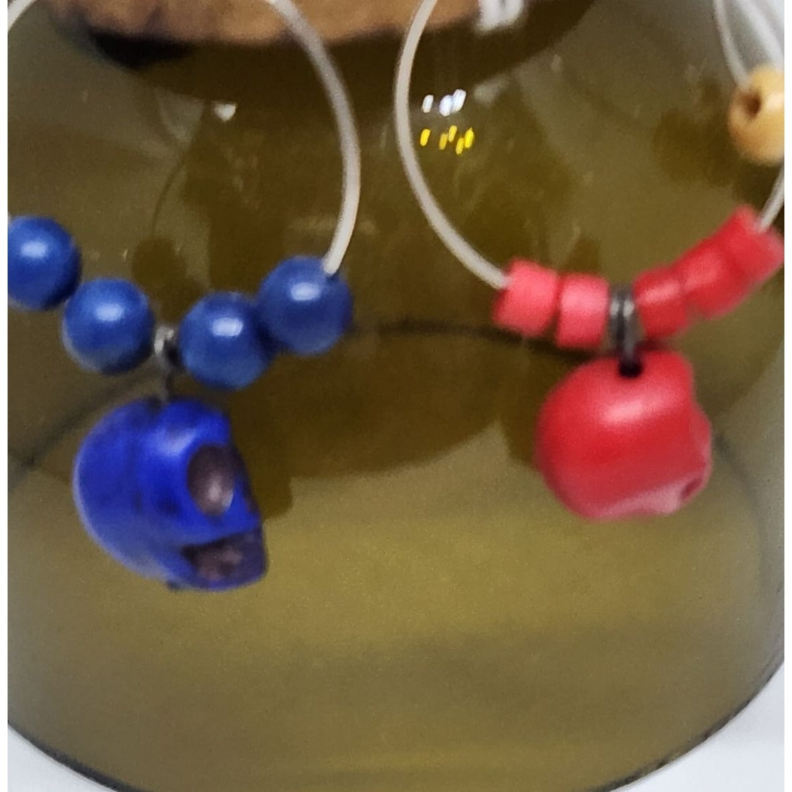 Colorful Skull Wine Glass Charms Set - 6  Themed Unique Charms With Beads & Wood Holder