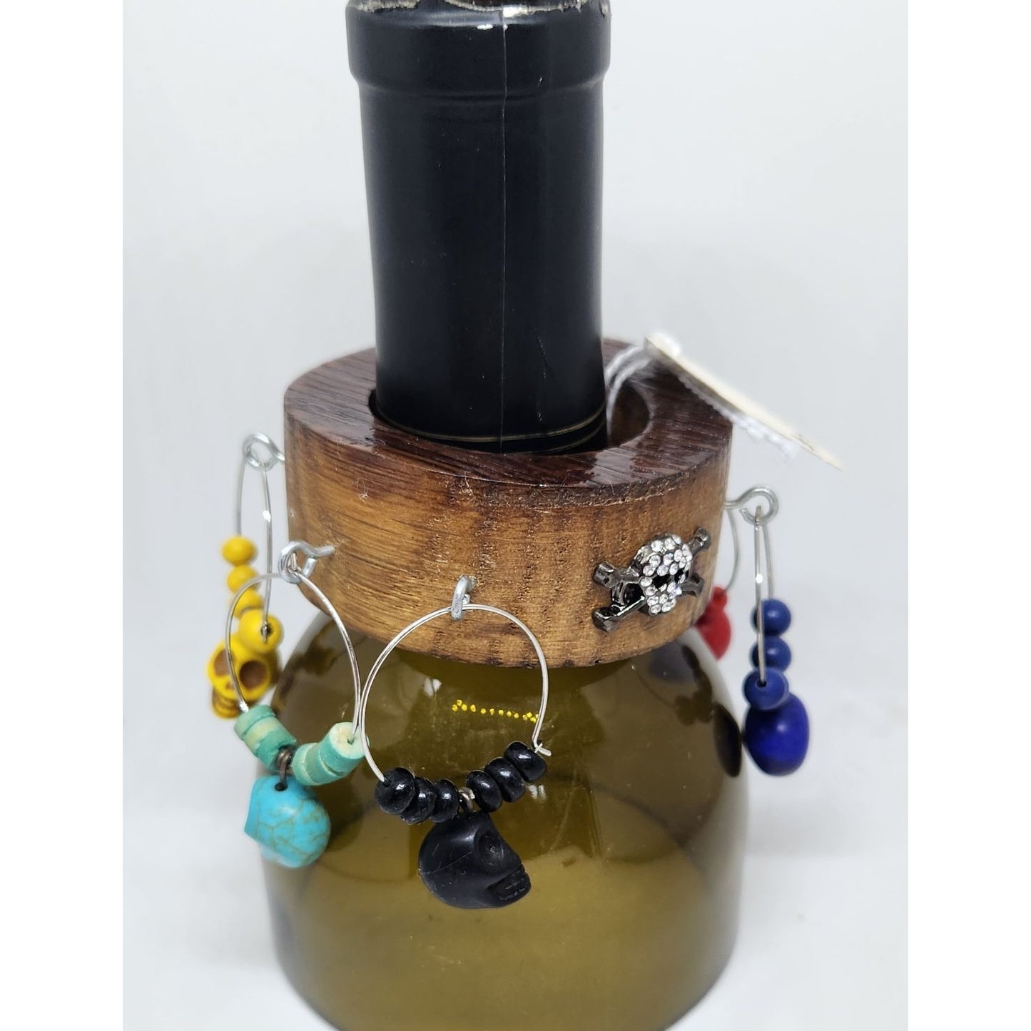 Colorful Skull Wine Glass Charms Set - 6  Themed Unique Charms With Beads & Wood Holder