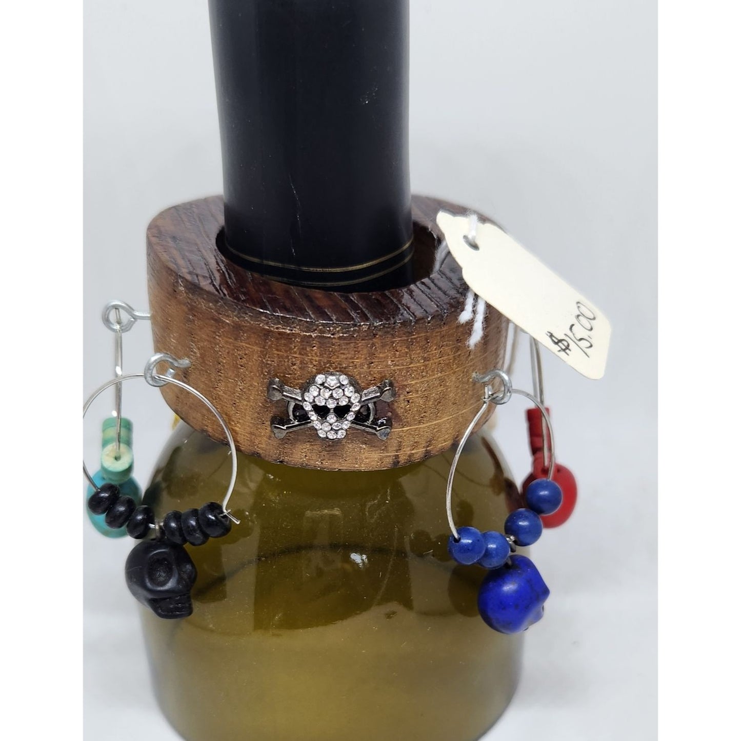 Colorful Skull Wine Glass Charms Set - 6  Themed Unique Charms With Beads & Wood Holder
