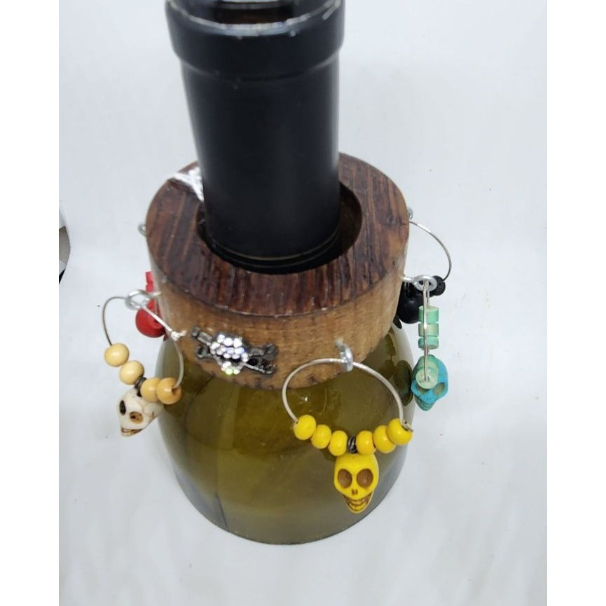 Colorful Skull Wine Glass Charms Set - 6  Themed Unique Charms With Beads & Wood Holder