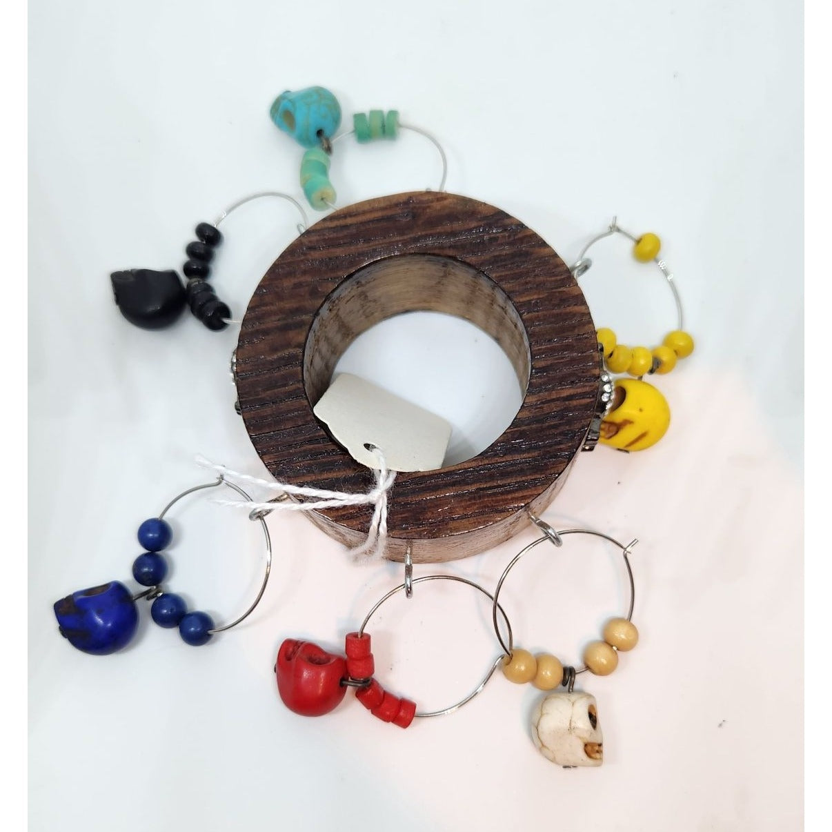 Colorful Skull Wine Glass Charms Set - 6  Themed Unique Charms With Beads & Wood Holder