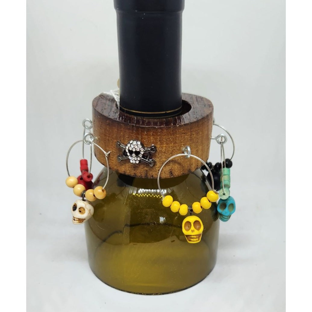 Colorful Skull Wine Glass Charms Set - 6  Themed Unique Charms With Beads & Wood Holder