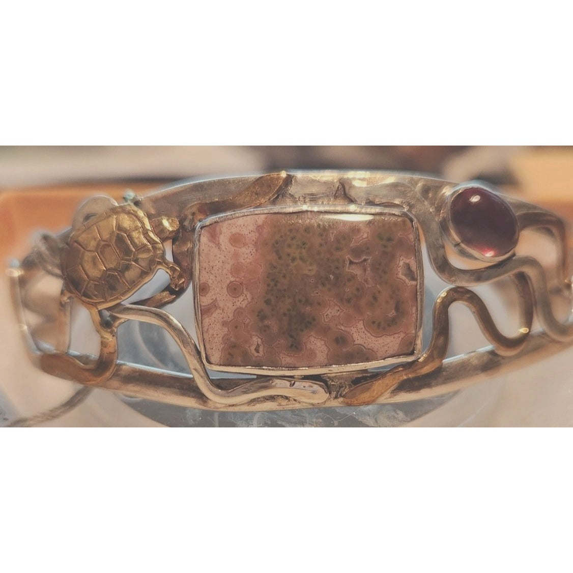 Bracelet Ocean Jasper Garnet Sterling 925  Silver 14K Gold Accents Turtle