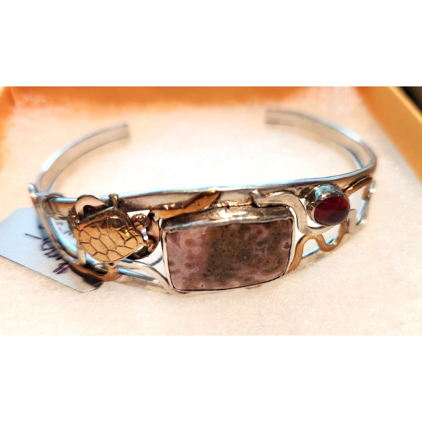 Bracelet Ocean Jasper Garnet Sterling 925  Silver 14K Gold Accents Turtle