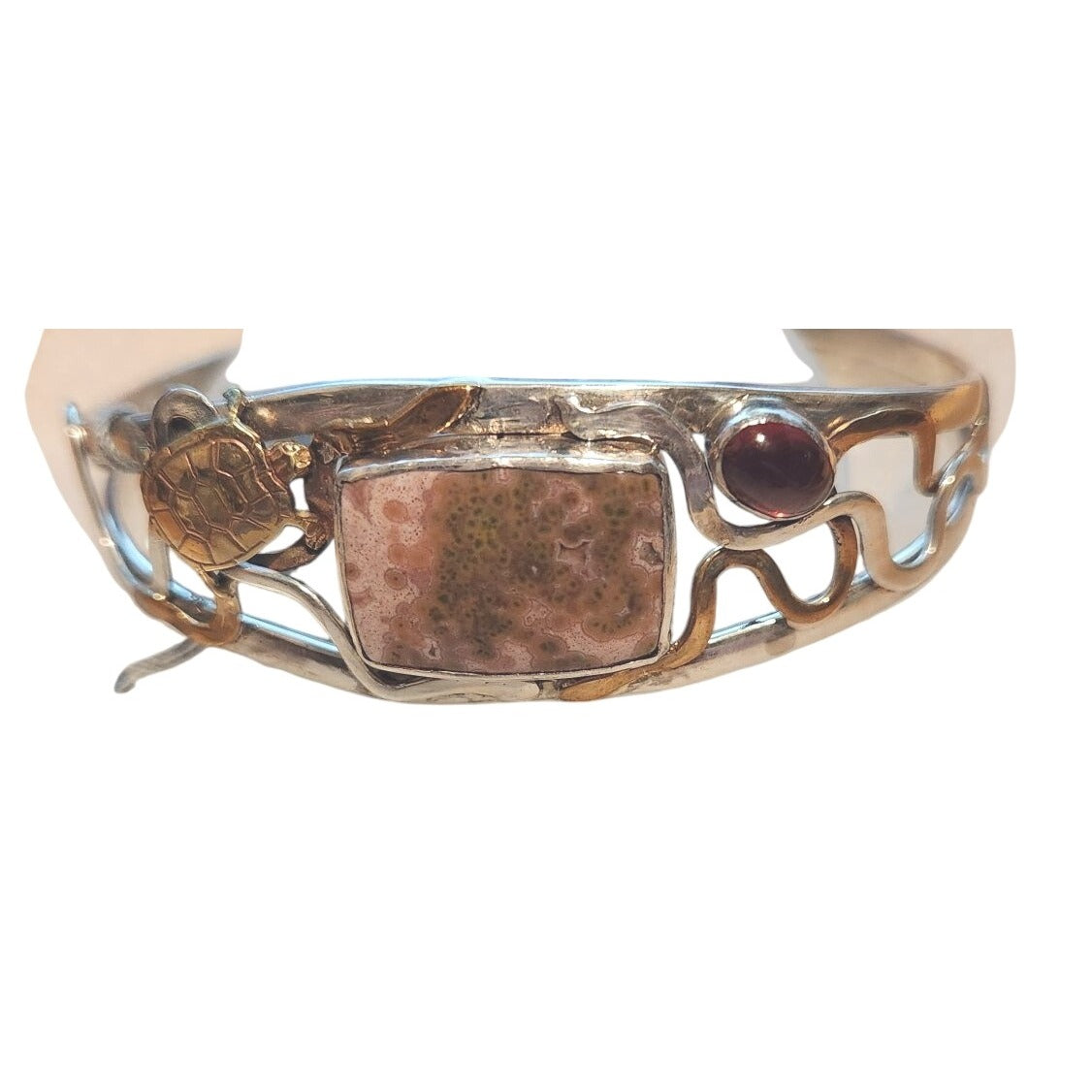 Bracelet Ocean Jasper Garnet Sterling 925  Silver 14K Gold Accents Turtle