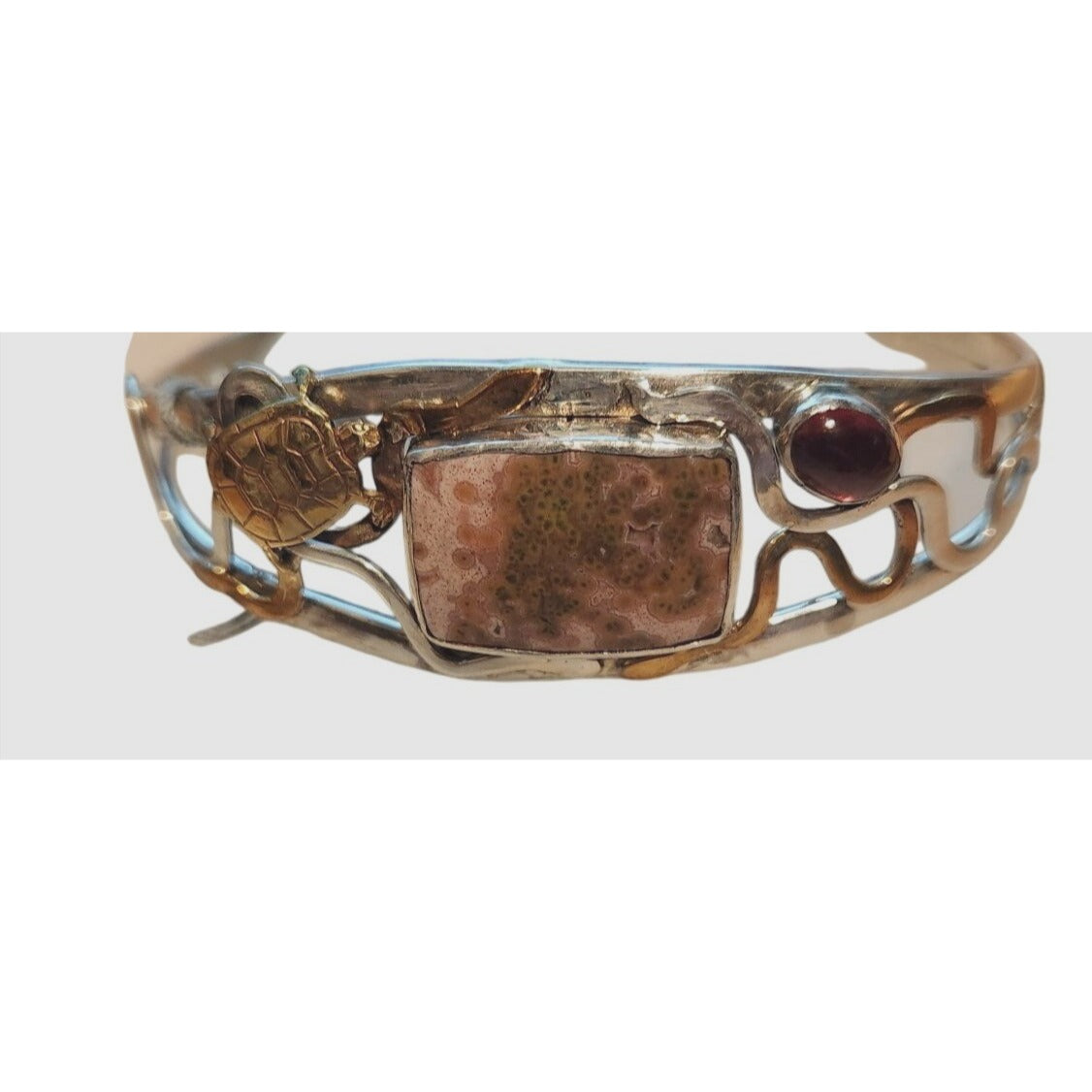 Bracelet Ocean Jasper Garnet Sterling 925  Silver 14K Gold Accents Turtle