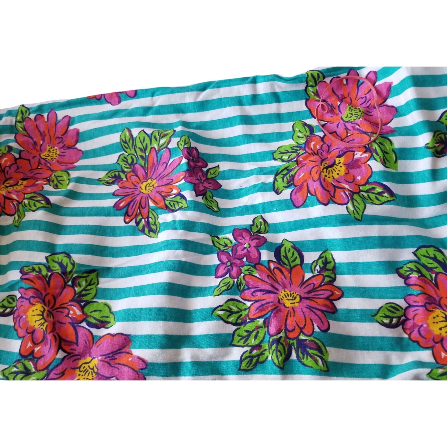 Material Turquoise White Stripes Big Red Pink Flowers Green Leaves 44" x 60"   Polyester Craft Clothing fabric