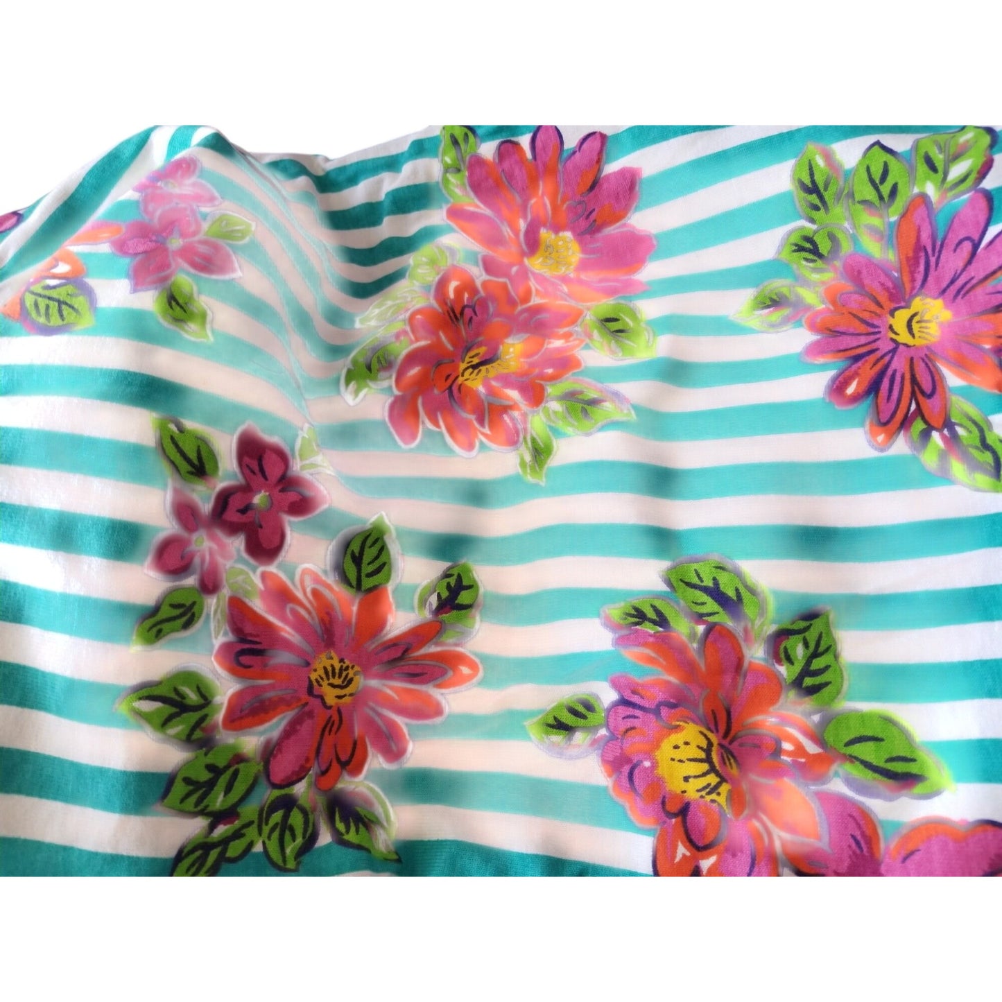 Material Turquoise White Stripes Big Red Pink Flowers Green Leaves 44" x 60"   Polyester Craft Clothing fabric