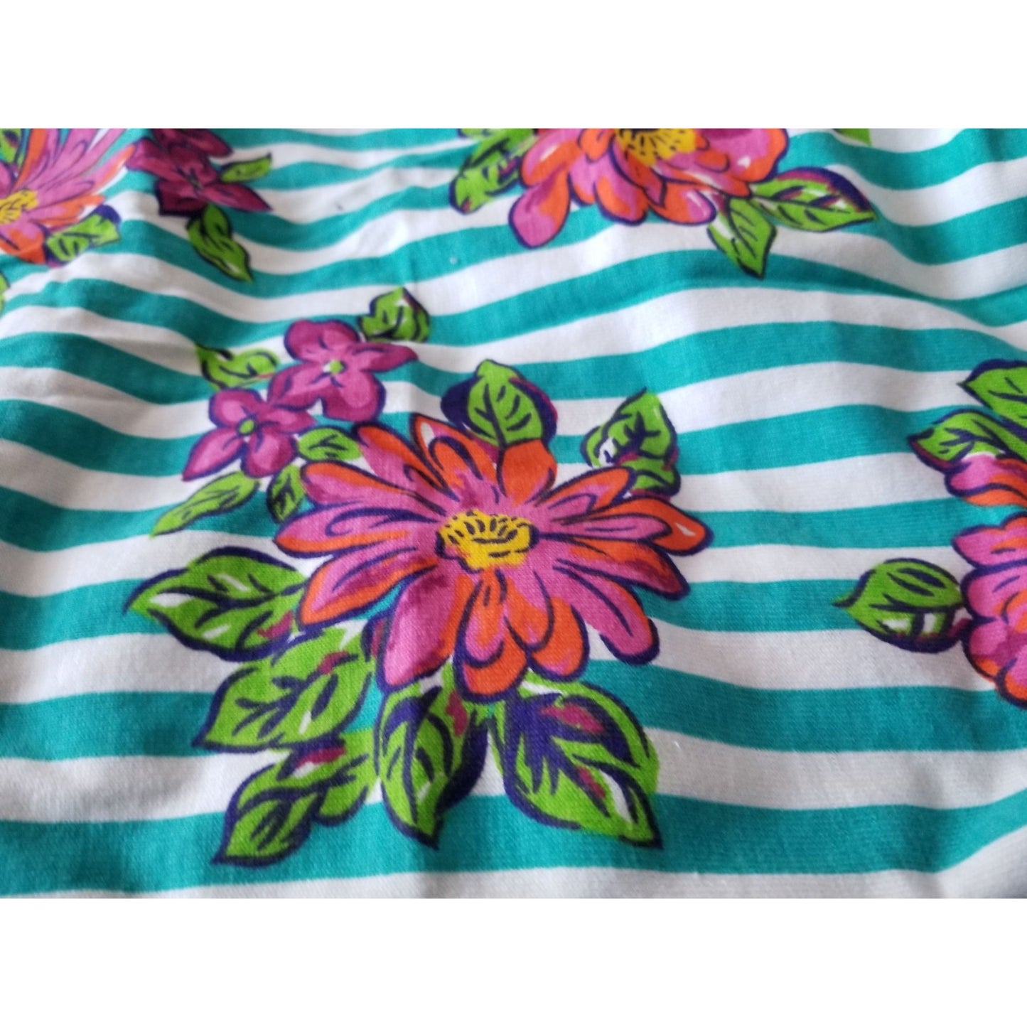 Material Turquoise White Stripes Big Red Pink Flowers Green Leaves 44" x 60"   Polyester Craft Clothing fabric