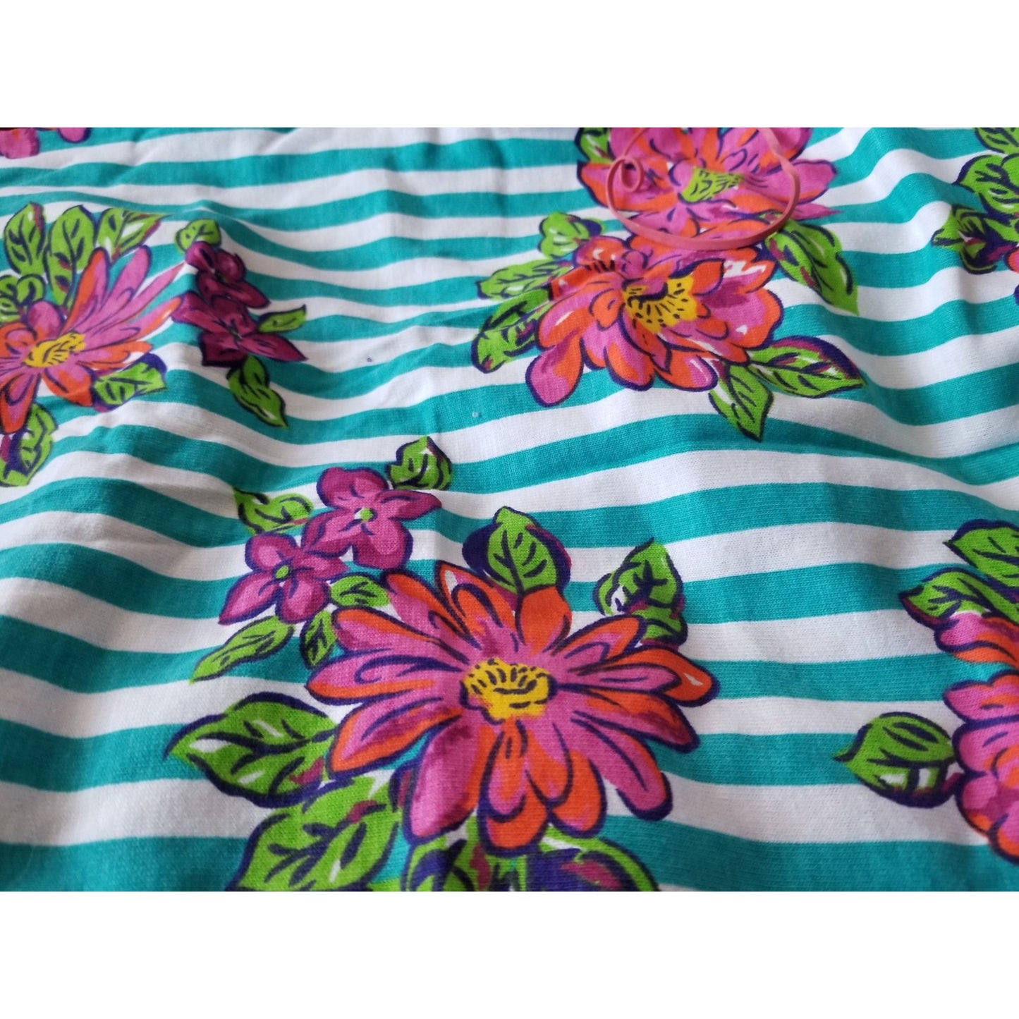 Material Turquoise White Stripes Big Red Pink Flowers Green Leaves 44" x 60"   Polyester Craft Clothing fabric