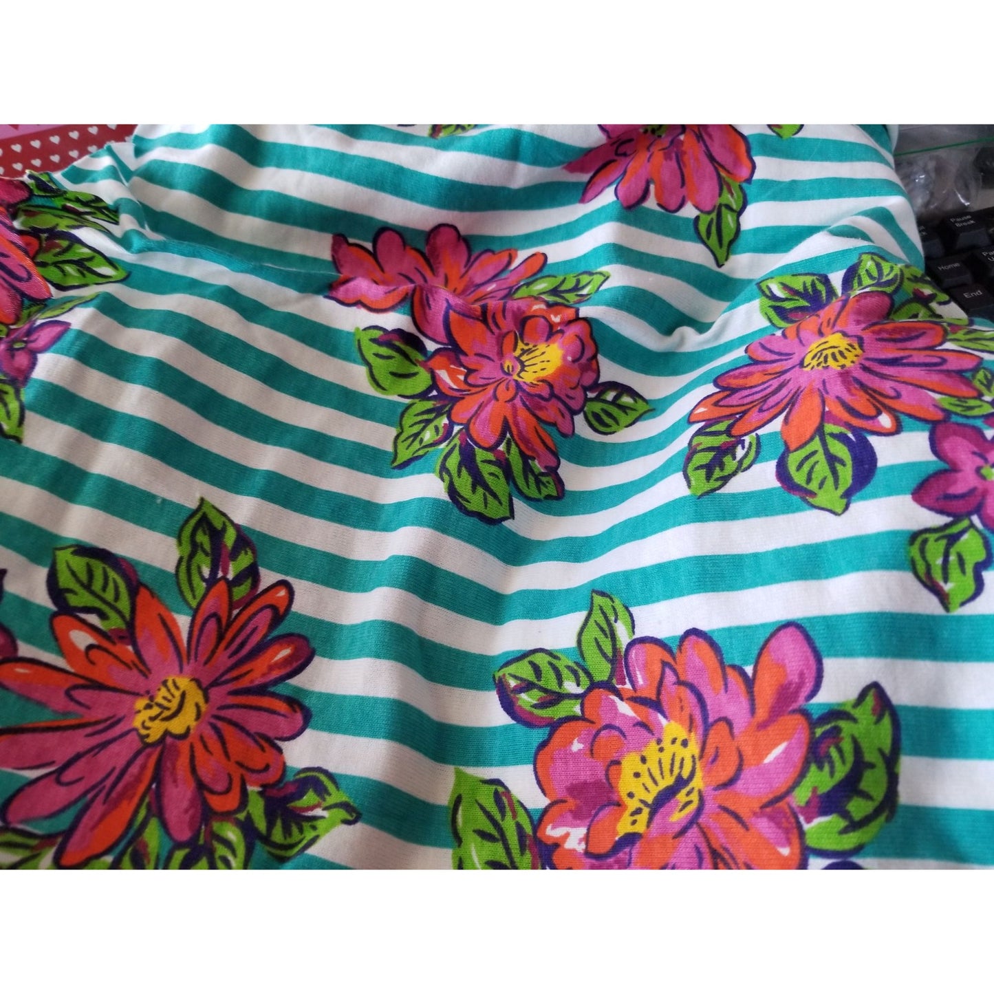 Material Turquoise White Stripes Big Red Pink Flowers Green Leaves 44" x 60"   Polyester Craft Clothing fabric