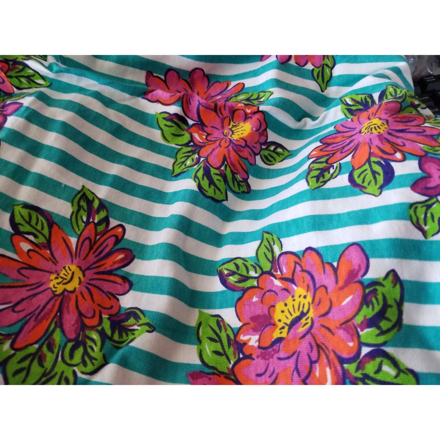 Material Turquoise White Stripes Big Red Pink Flowers Green Leaves 44" x 60"   Polyester Craft Clothing fabric