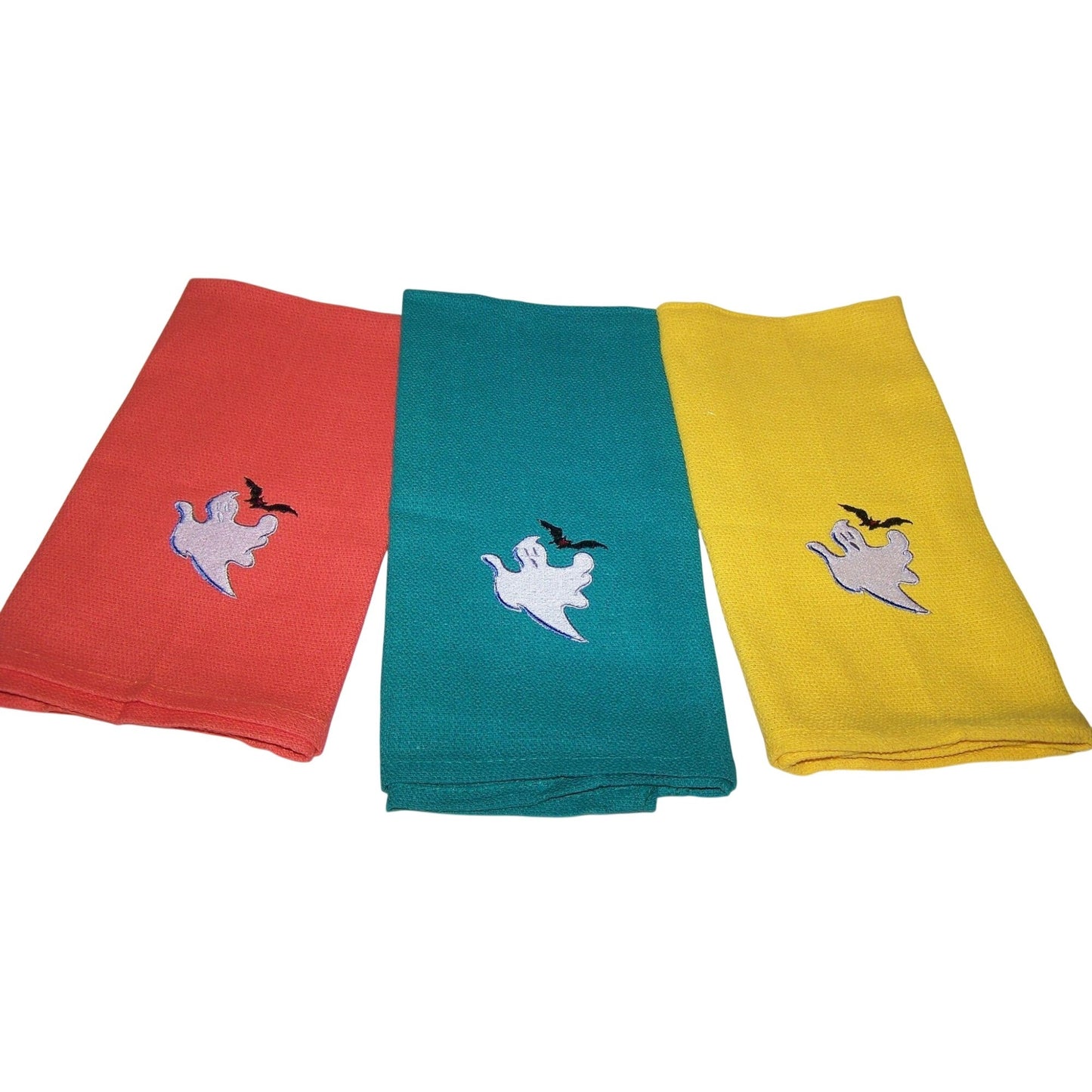 Kitchen Towels  Embroidered set of 3  Ghost 1 Yellow 1 Green  1 Orange 16" x 21"
