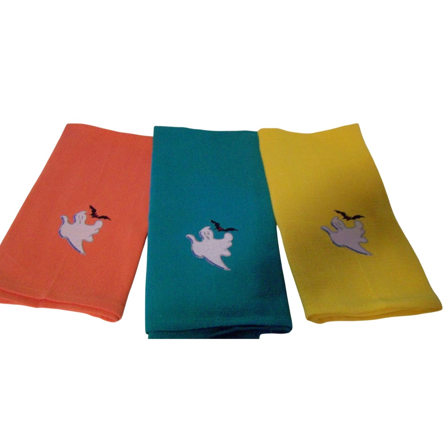 Kitchen Towels  Embroidered set of 3  Ghost 1 Yellow 1 Green  1 Orange 16" x 21"