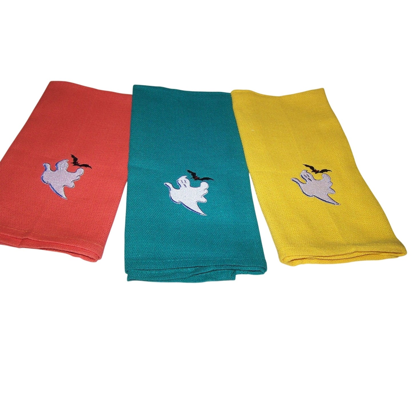 Kitchen Towels  Embroidered set of 3  Ghost 1 Yellow 1 Green  1 Orange 16" x 21"